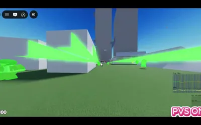 Roblox test map with line-of-sight rays drawn in green and a PVS ON overlay