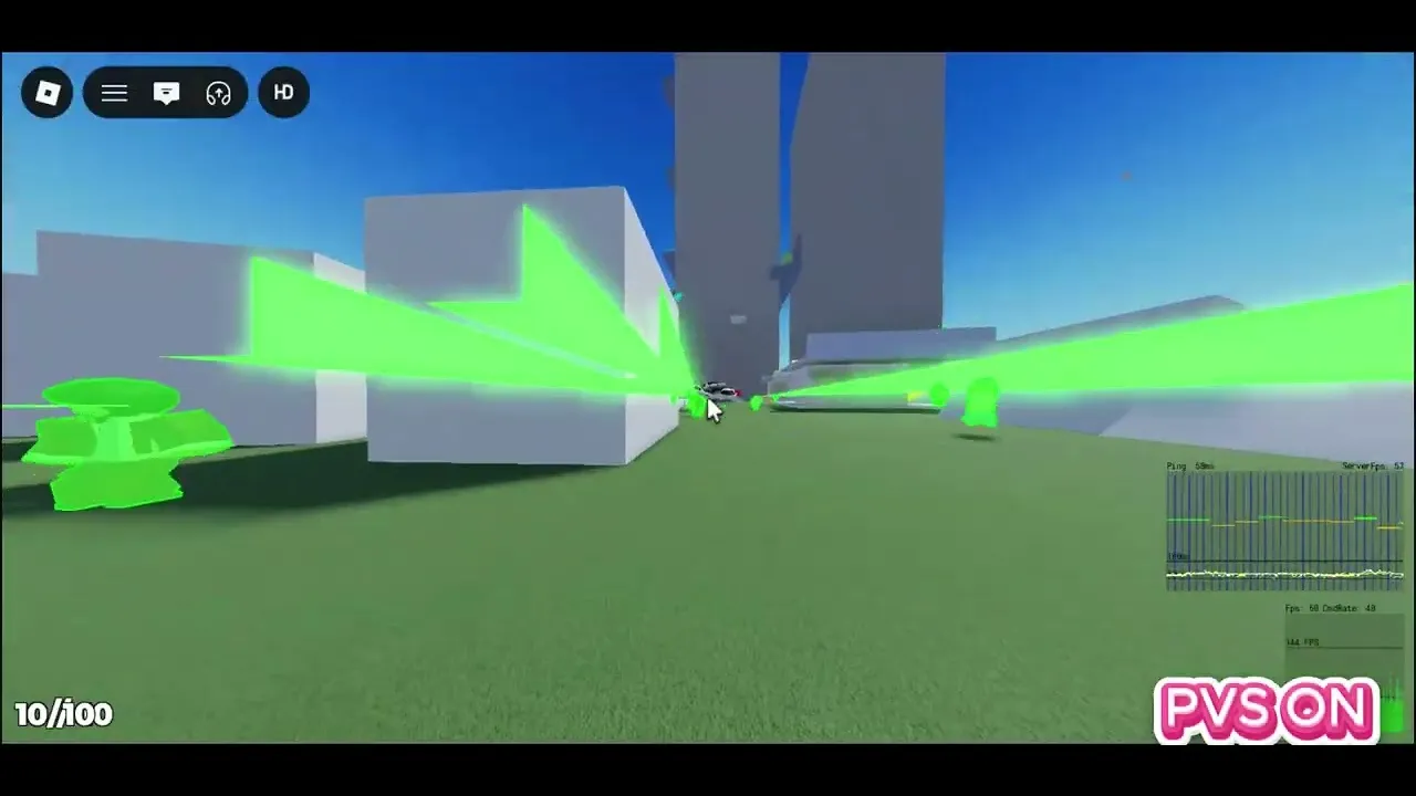 Roblox test map with line-of-sight rays drawn in green and a PVS ON overlay