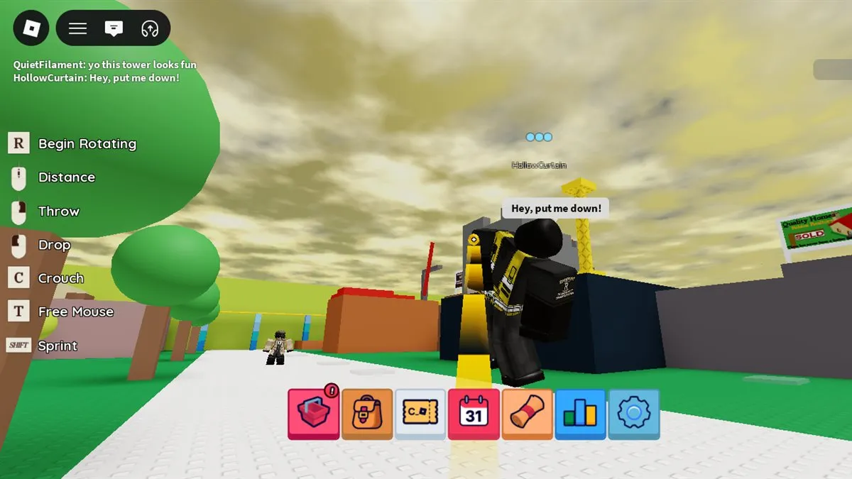 A Roblox player held in mid-air by a yellow grab beam, saying 'Hey, put me down!', with the game's control legend down the left and a toolbar of panel buttons along the bottom