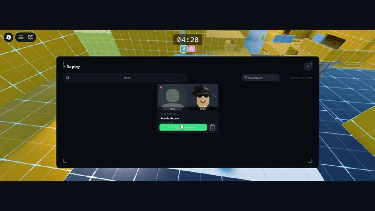A dark replay browser panel open over the game, with a search field, a most-recent filter and a result card showing the two players in the clip