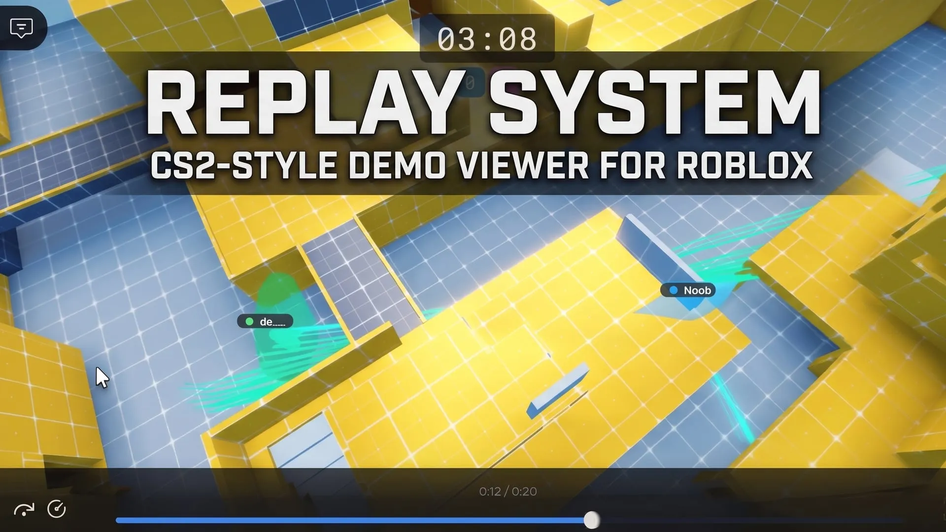 A Roblox match being watched back in freecam, ghost movement trails drawn behind two players, with a video scrubber along the bottom of the screen