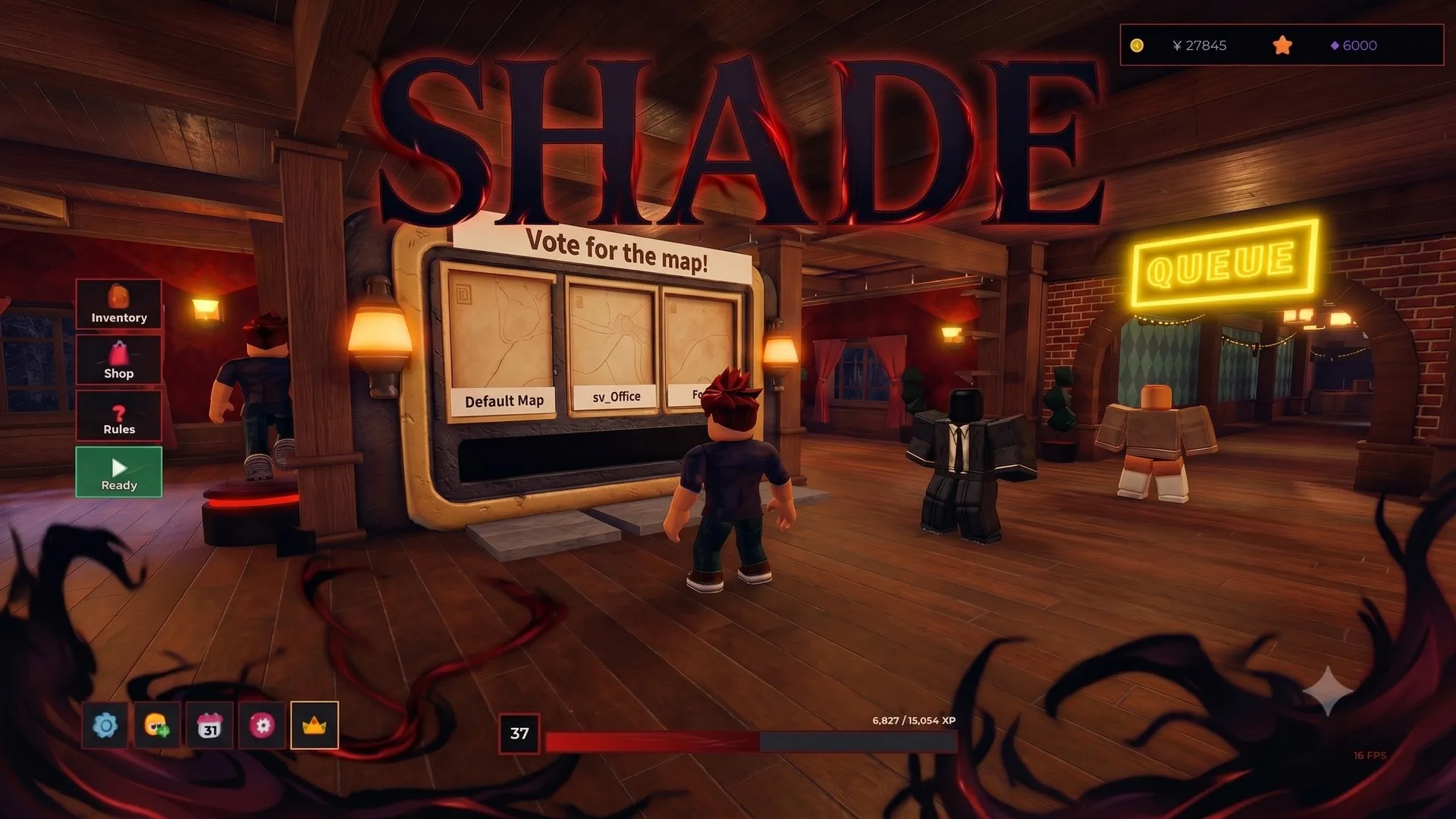 The SHADE lobby: players gathered around a map vote board in a warm wooden interior, the game's title overhead and a neon queue sign to the right