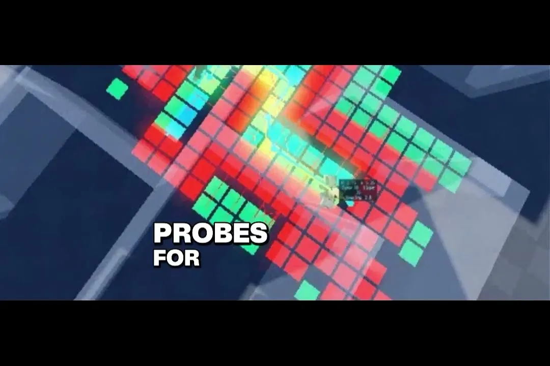 Voxel grid coloured red and green as an NPC probes for clearance